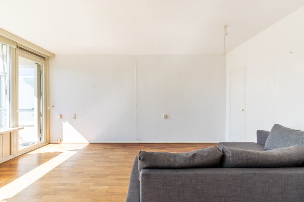 Spacious living room with gray sofa and sunlight