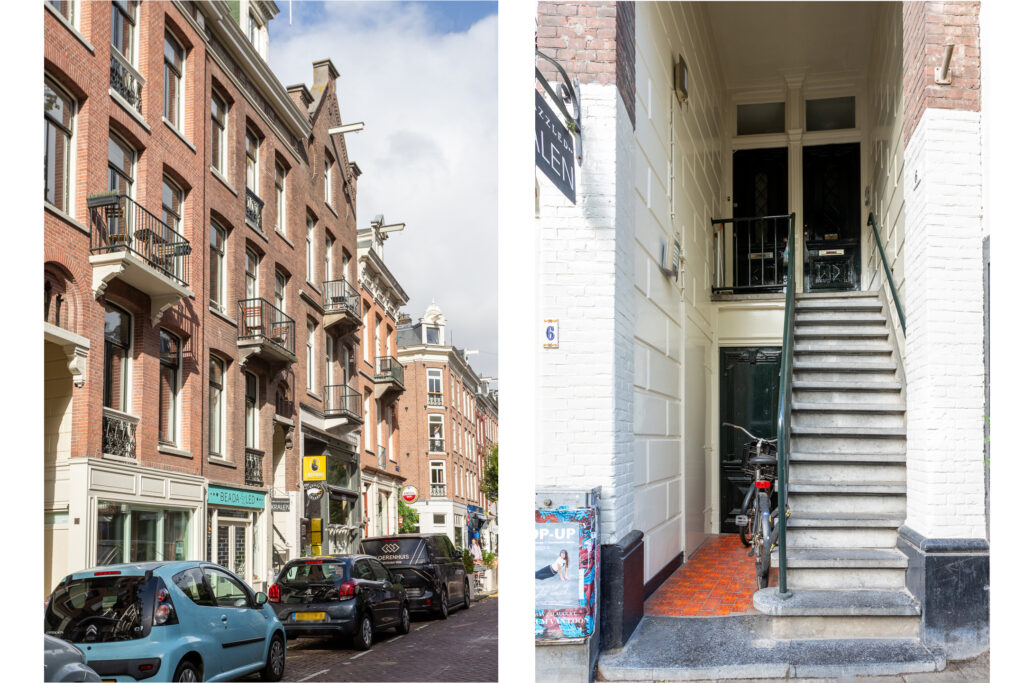 Amsterdam street with parked cars and narrow stairs.