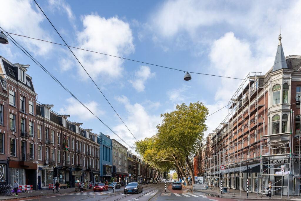 Busy urban street with historic buildings and trees.