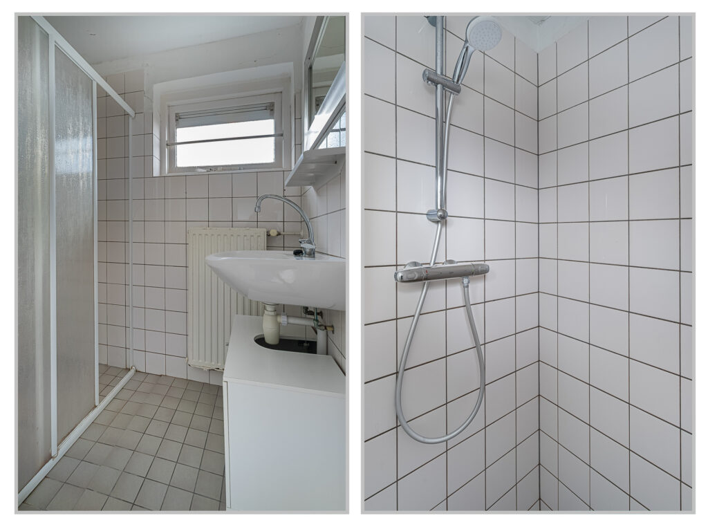 Compact tile bathroom with shower and sink.