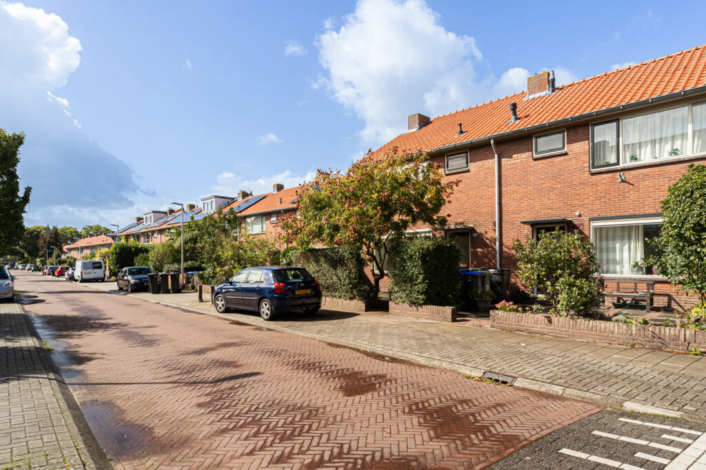 Quiet suburban street with brick houses and cars.
