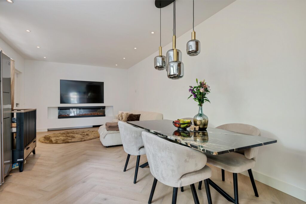 Modern living room with dining area and decor