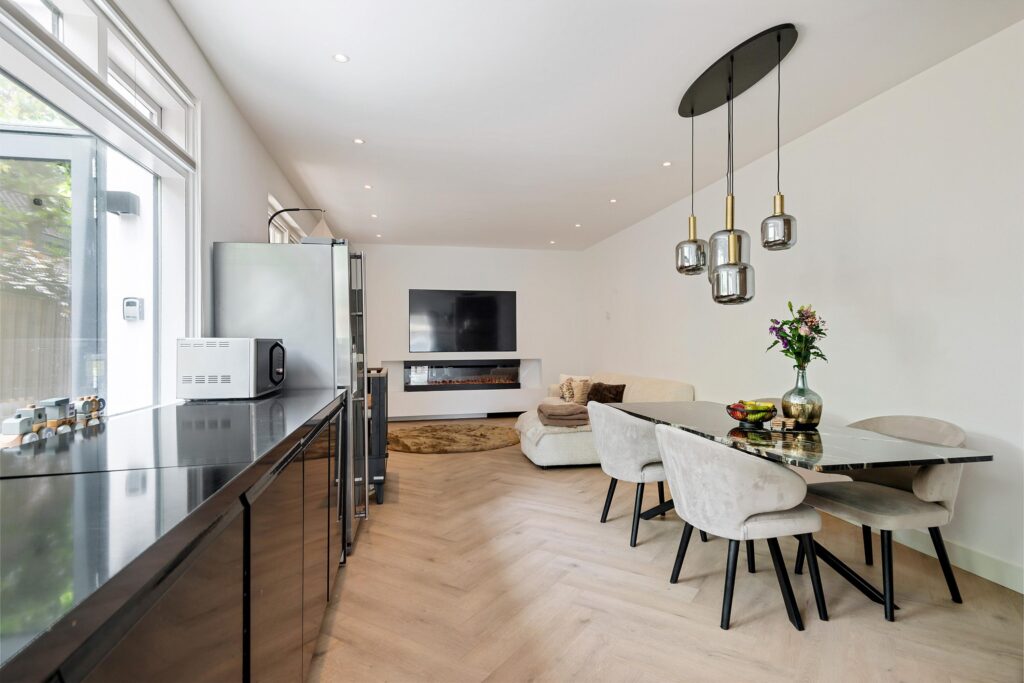 Modern living room with dining area