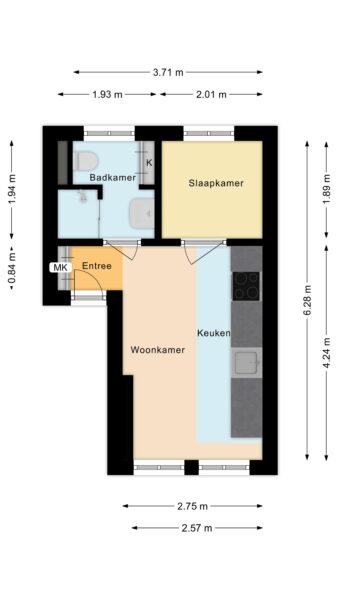 Apartment floor plan with labeled rooms and dimensions.