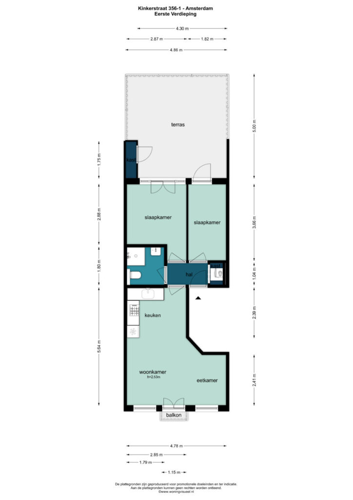 Amsterdam apartment floor plan with terrace and balcony.
