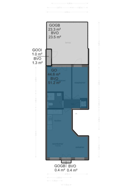 Apartment floor plan with dimensions and labeled rooms.
