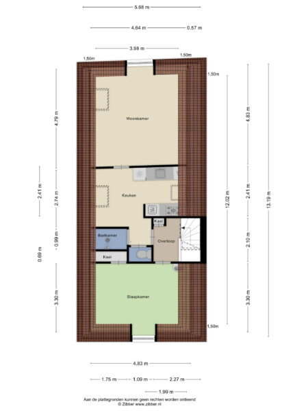 Floor plan with living room, kitchen, bedroom, bathroom.