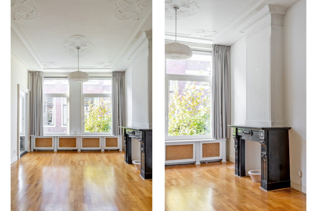 Bright room with wooden floor and decorative fireplace