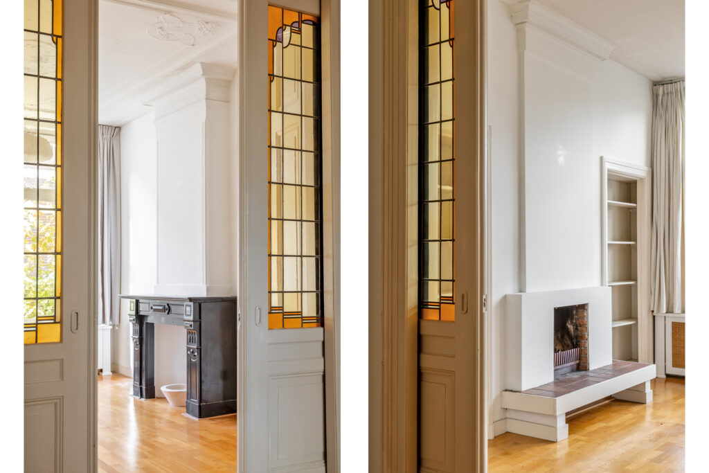 Interior with stained glass doors and fireplace