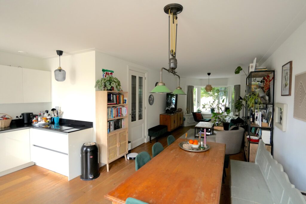 Spacious living room with kitchen and dining area