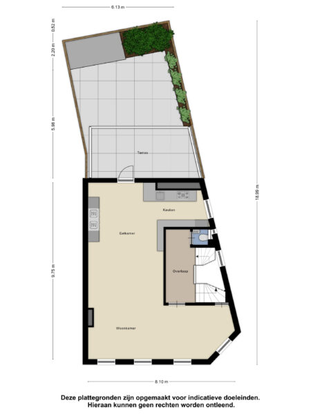Floor plan with terrace, kitchen, living room.