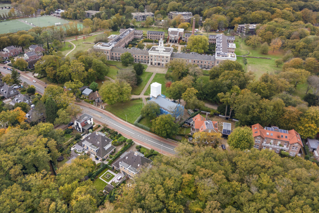 Aerial view of buildings and greenery in autumn.