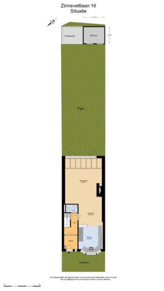 Floor plan with garden layout and rooms labeled.