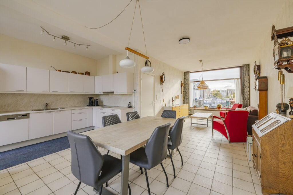 Spacious modern kitchen and living room interior design.