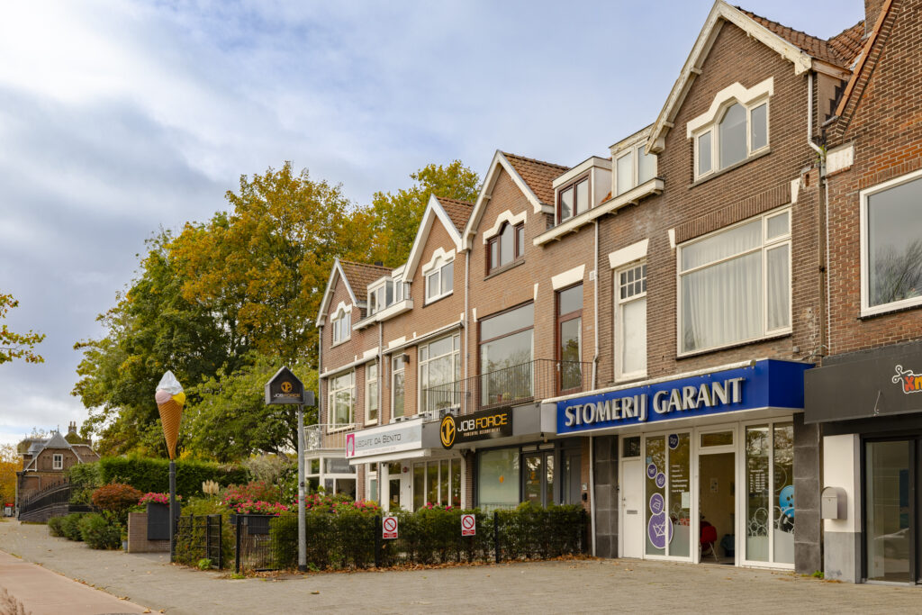 Street view of Dutch storefronts with autumn trees