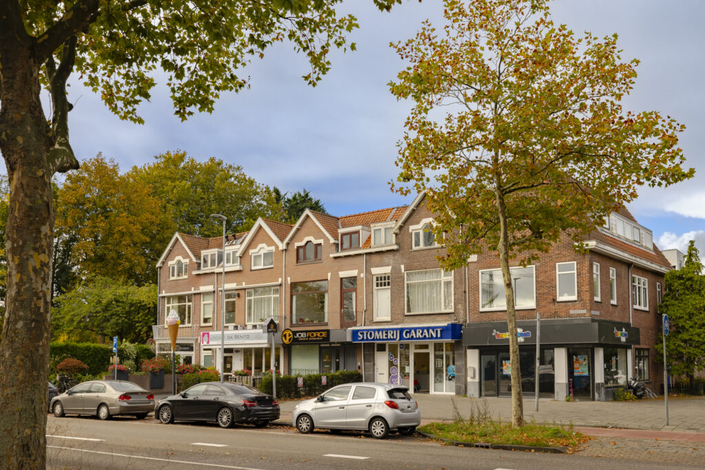 Street view of shops and parked cars.
