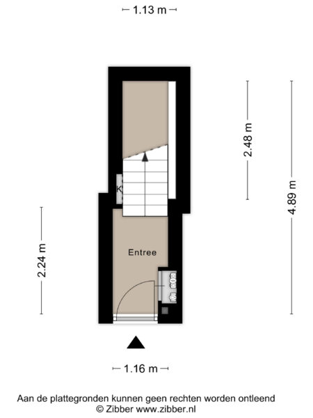 Narrow floor plan with stairs and entrance dimensions.