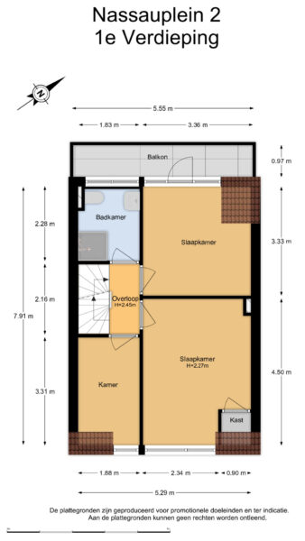 Floor plan, first floor with rooms and balcony.