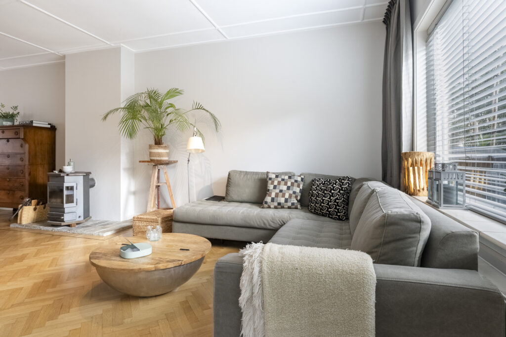 Cozy living room with modern decor and gray sofa.