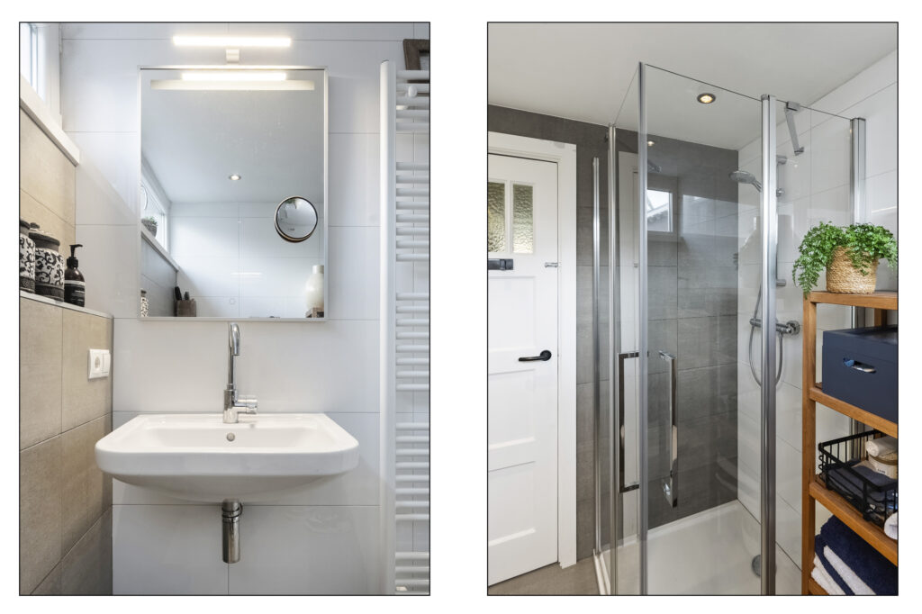 Modern bathroom with sink and glass shower