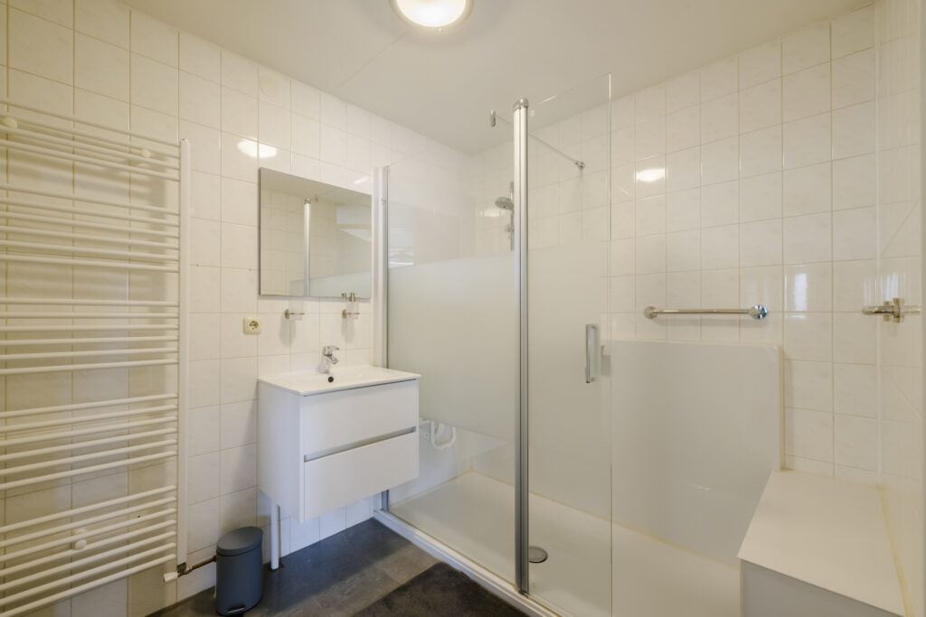 Modern bathroom with shower and vanity