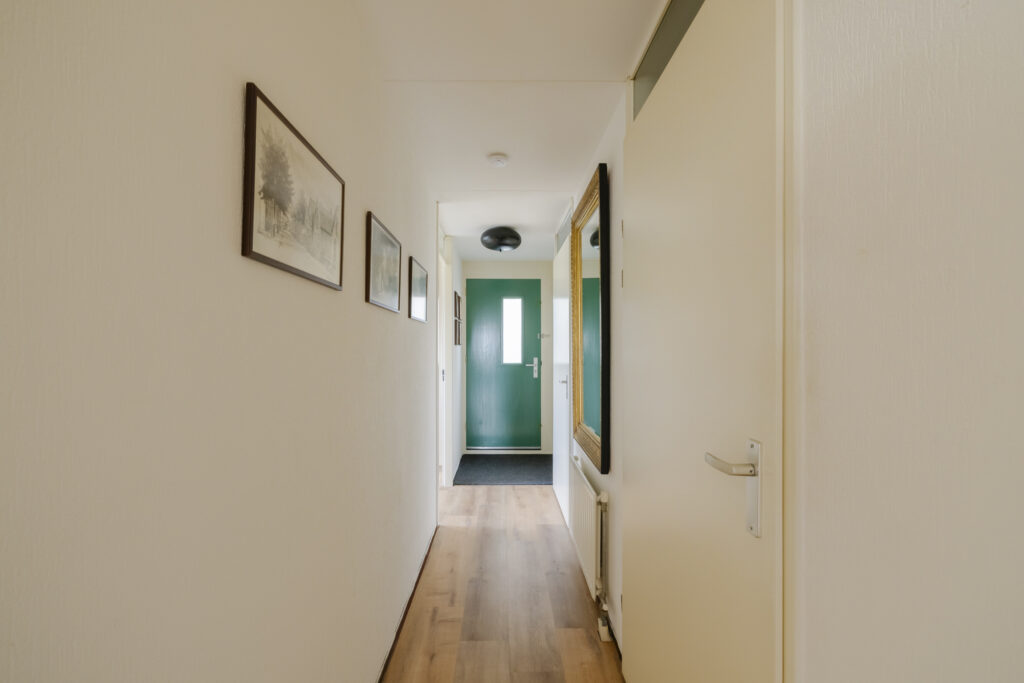 Narrow hallway with wooden floor and green door.