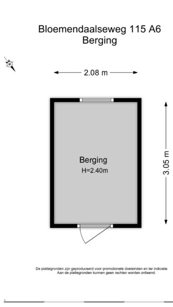 Storage room layout, dimensions labeled, Bloemendaalseweg 115 A6.