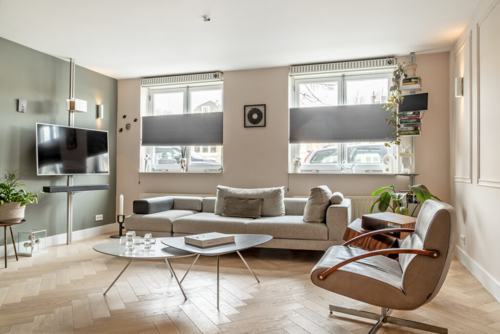 Modern living room with cozy furniture and plants.
