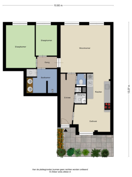 Two-bedroom apartment floor plan with garden
