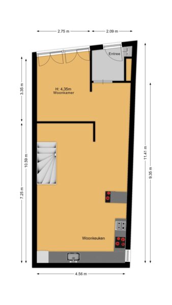 Floor plan with kitchen and living area.
