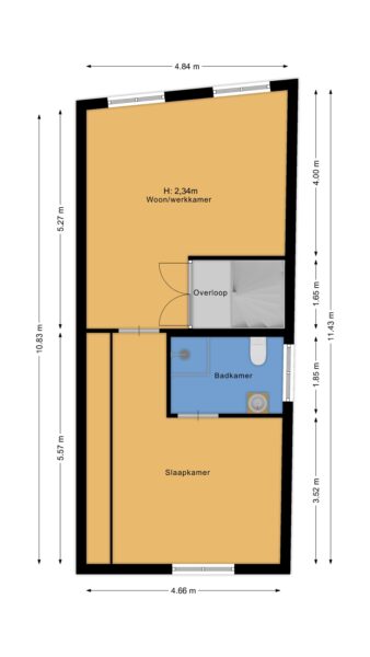 Floor plan with living, bedroom, bathroom dimensions.