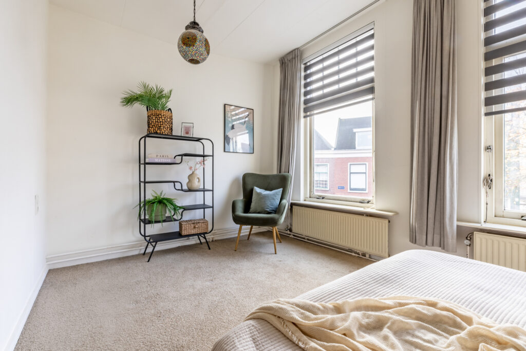 Cozy bedroom with chair and plants, natural light
