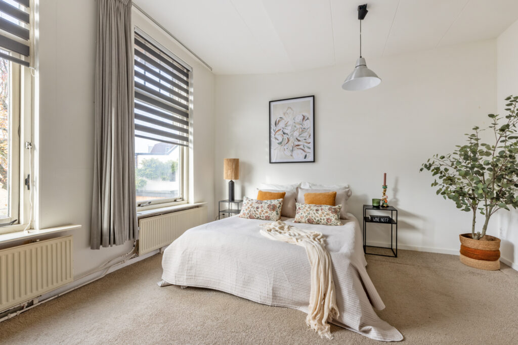 Cozy bedroom with double bed and decorative plants.