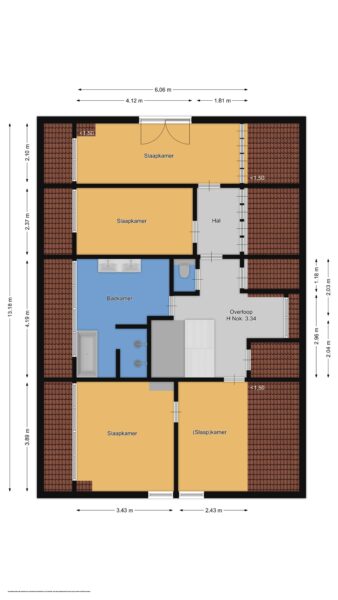 Three-bedroom apartment floor plan with measurements.