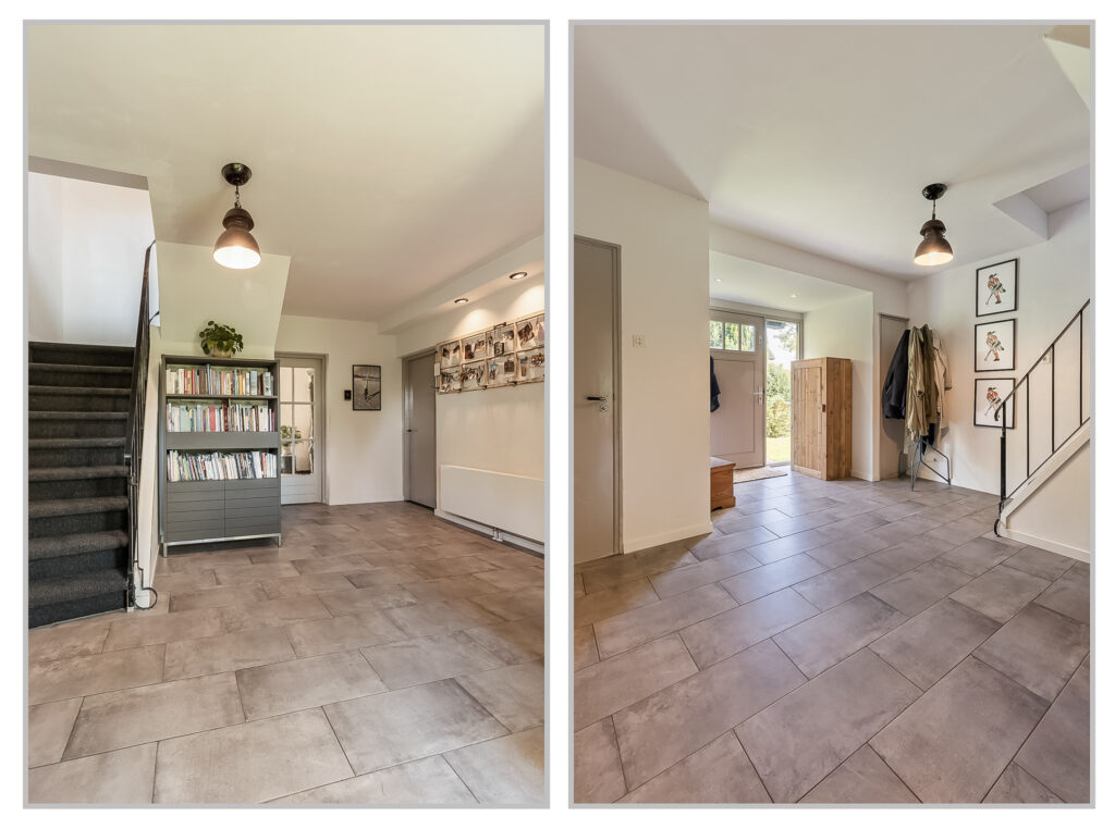 Spacious entrance with tiled flooring and stairs.