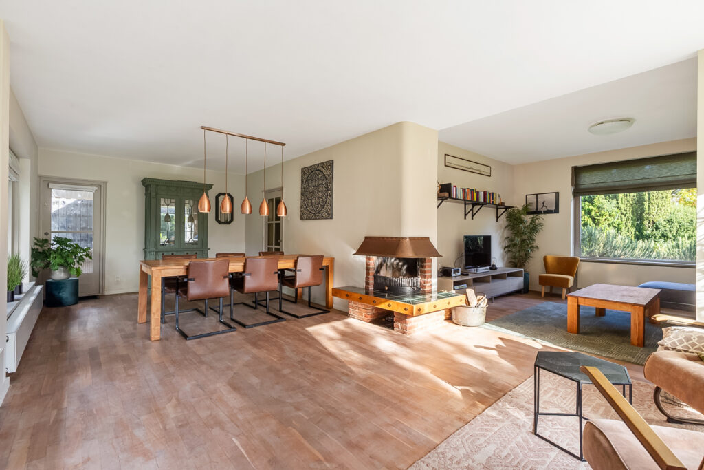 Spacious living room with modern furniture and fireplace