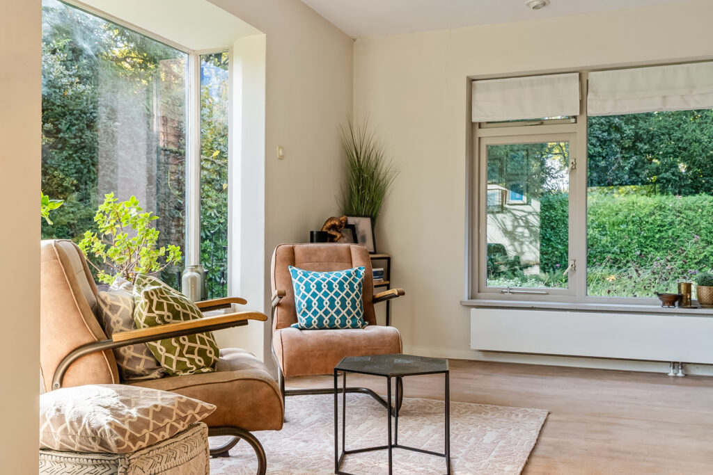 Cozy living room with large windows and plants