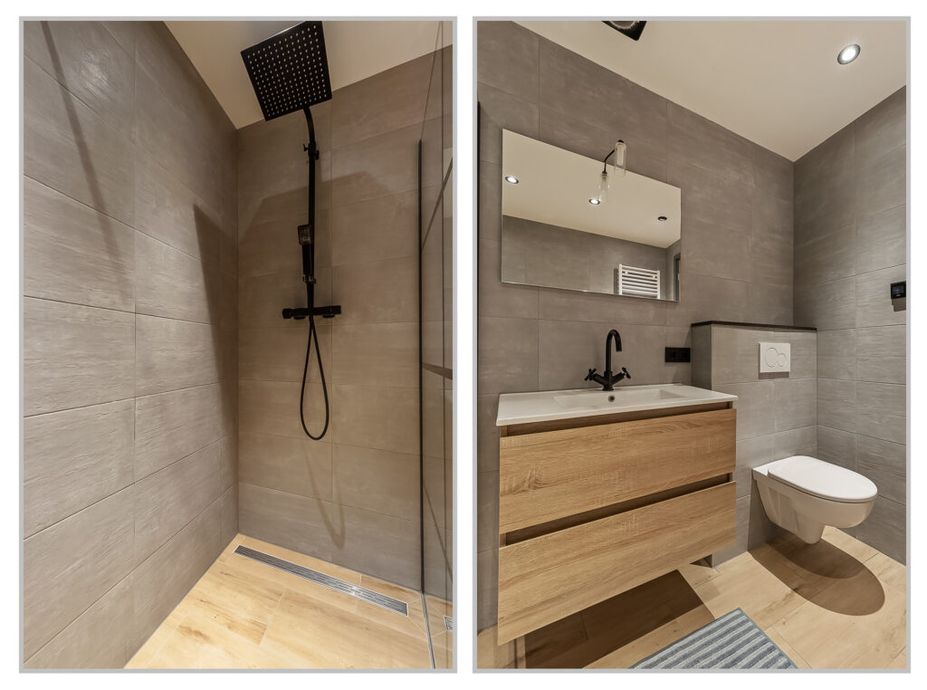 Modern bathroom with shower and vanity