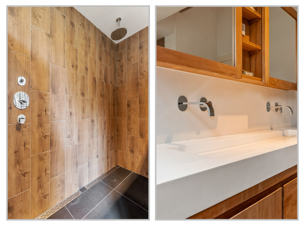 Modern bathroom with wooden tiles and sinks