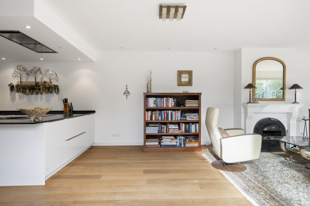 Modern living room with bookshelf and fireplace