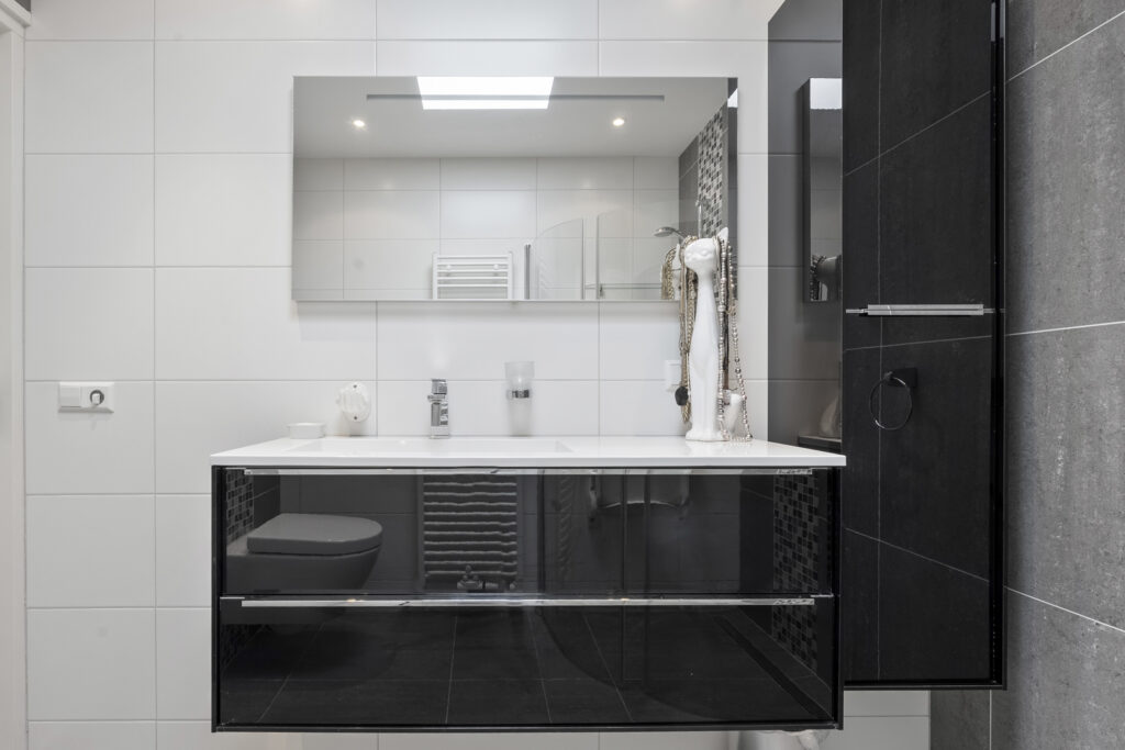 Modern bathroom with black and white design