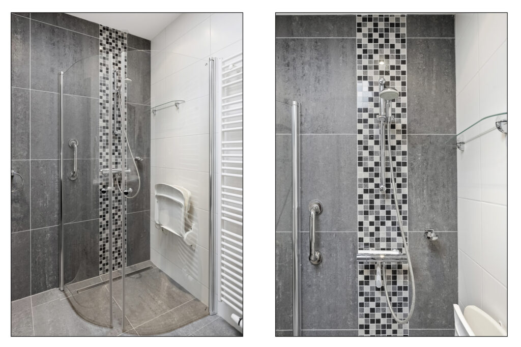 Modern accessible shower with seat and grab bars