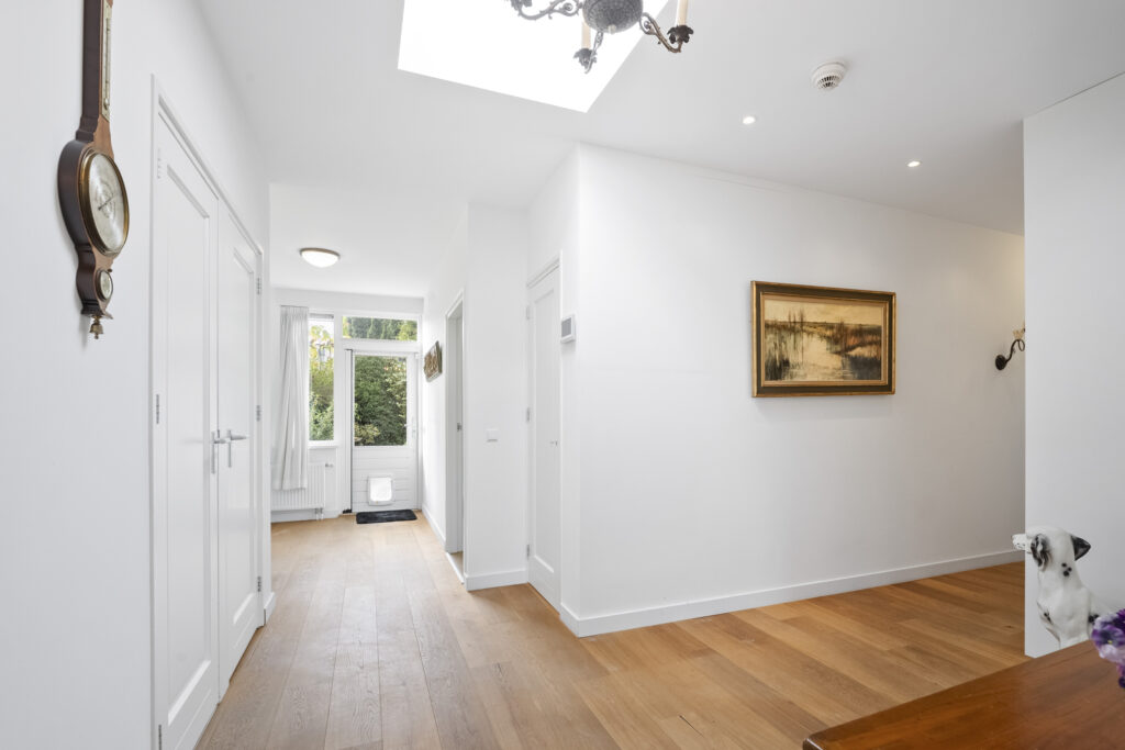 Bright hallway with wooden floor and door.