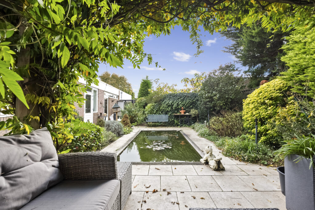 Cozy garden with pond and seating area.
