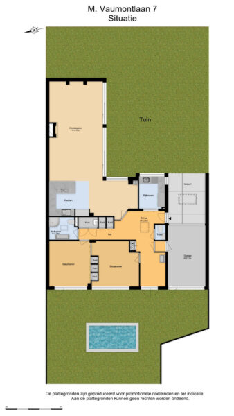 Single-story house floor plan with garden and pool.