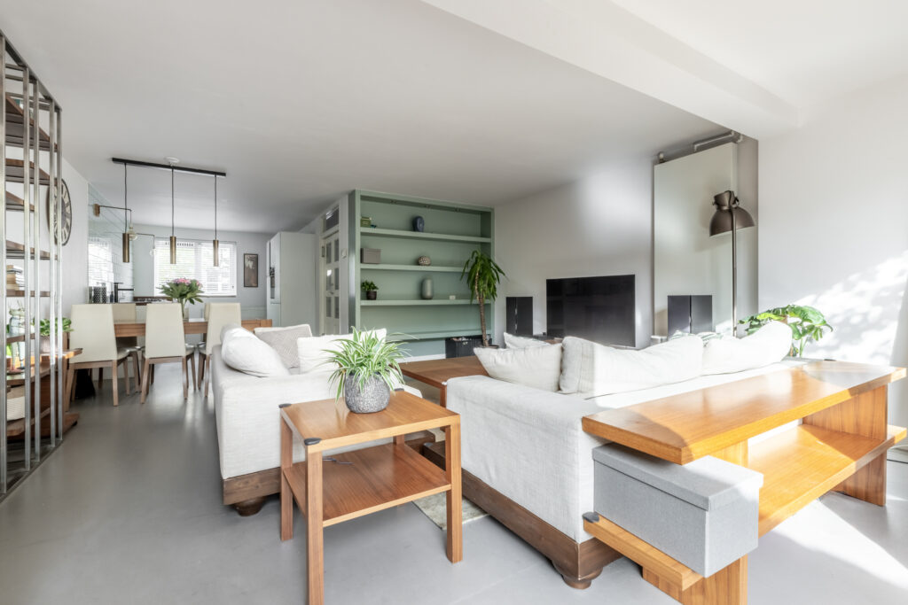 Modern, spacious living room with cozy furniture and plants.