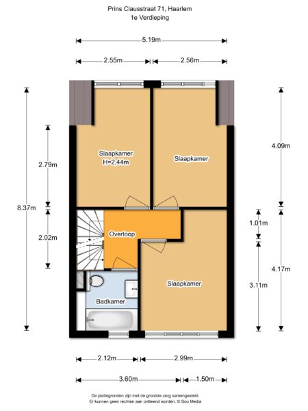 Floor plan of a three-bedroom layout with bathroom.