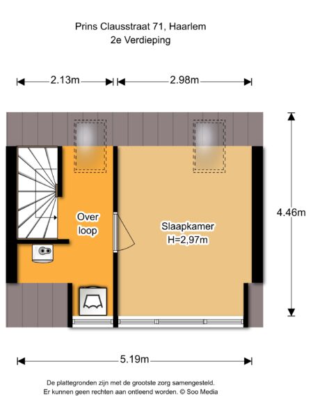 Floor plan of second floor, bedroom and hallway