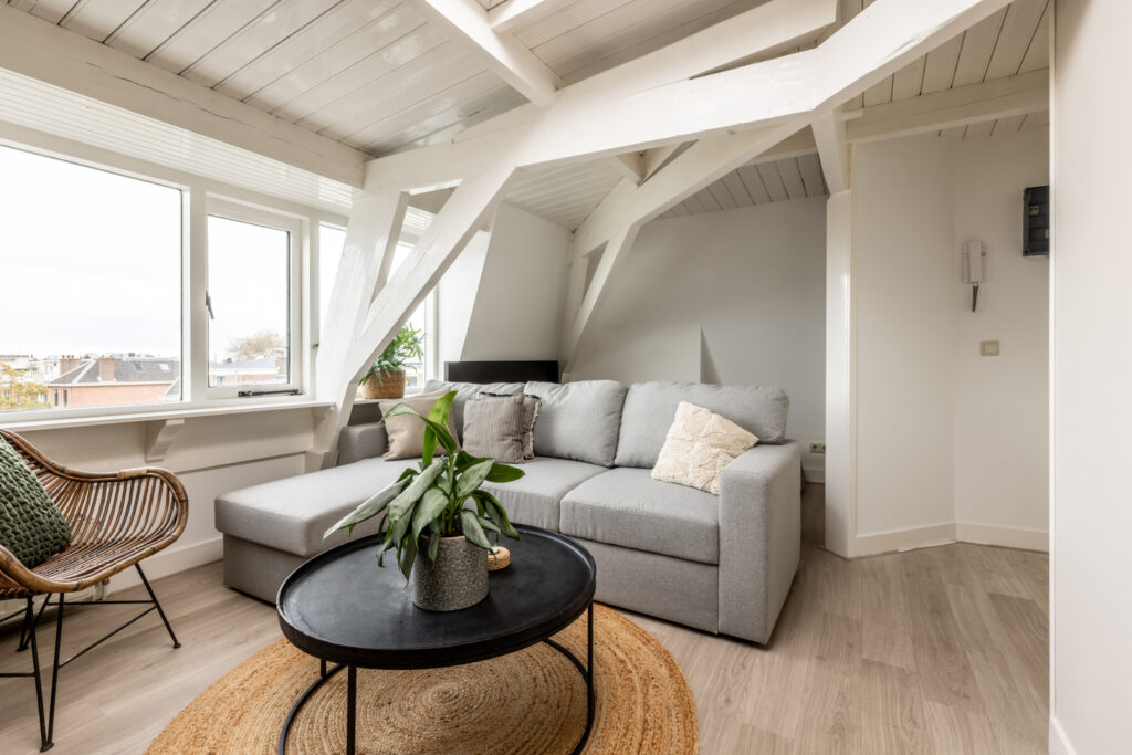 Cozy attic living room with grey sofa and plants.