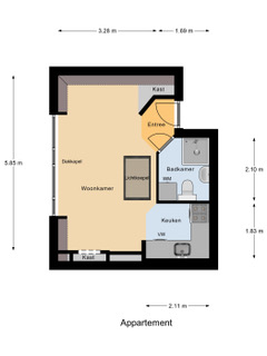 Studio apartment floor plan with dimensions.
